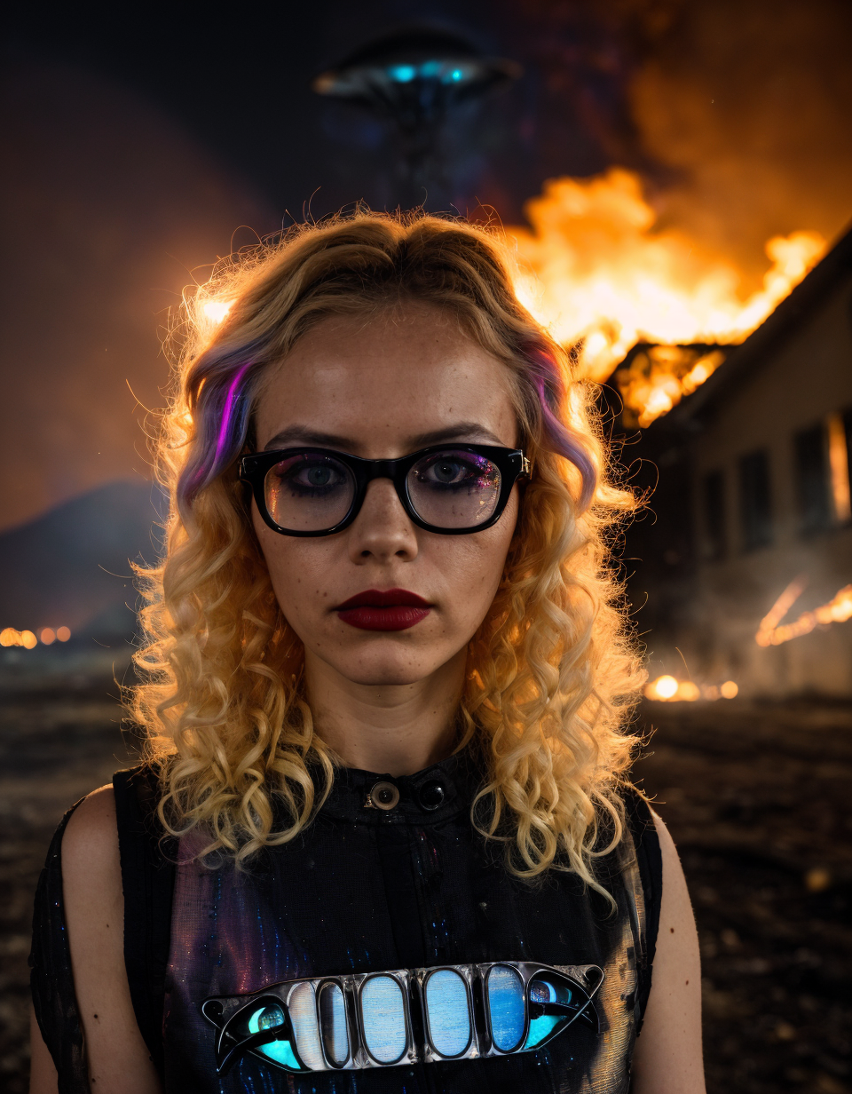 01773-3021376146-photo of a blonde women (with rainbow streaks in her hair_1.1), subtle red lipstick, high detail skin,, burning house behind her.png